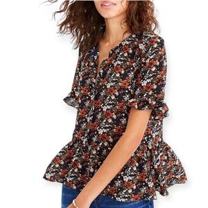 Madewell Silk Button Down Floral Ruffle Peplum Blouse Top Prairie